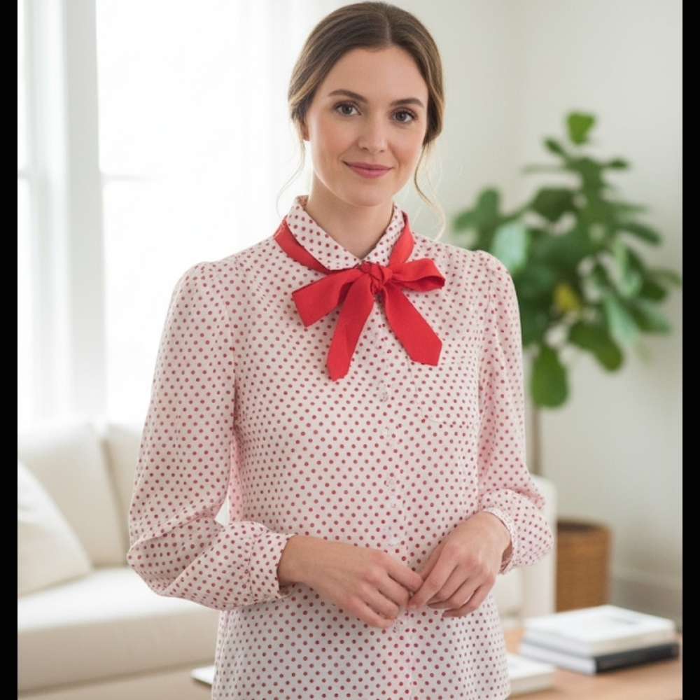 Rhonda Lee Red Bow Blouse, Red/White Dots, 16, GUC✔️
